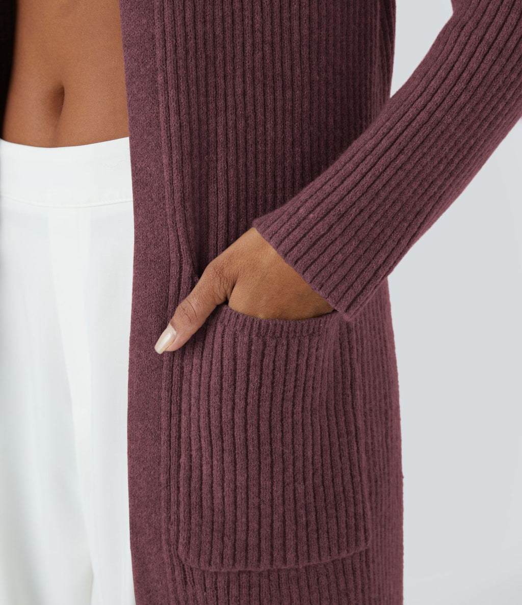 Cardigan long casual à capuche, manches longues et poches