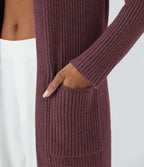 Cardigan long casual à capuche, manches longues et poches