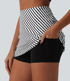 Jupe mini de tennis 2-en-1 à rayures taille haute avec ourlet arrondi et poches