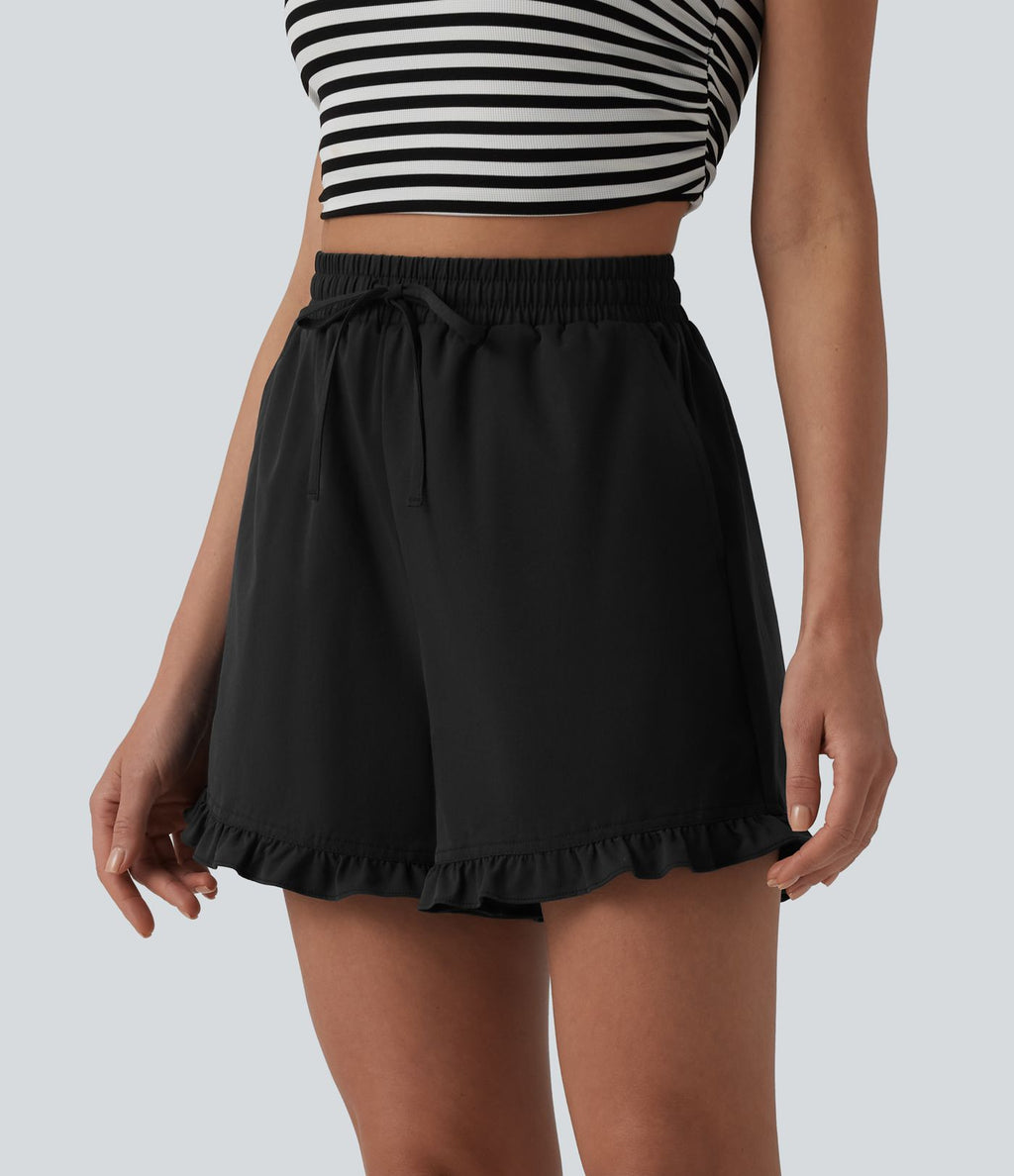 Short casual ample taille haute en popeline extensible à cordon de serrage et ourlet volants avec poches