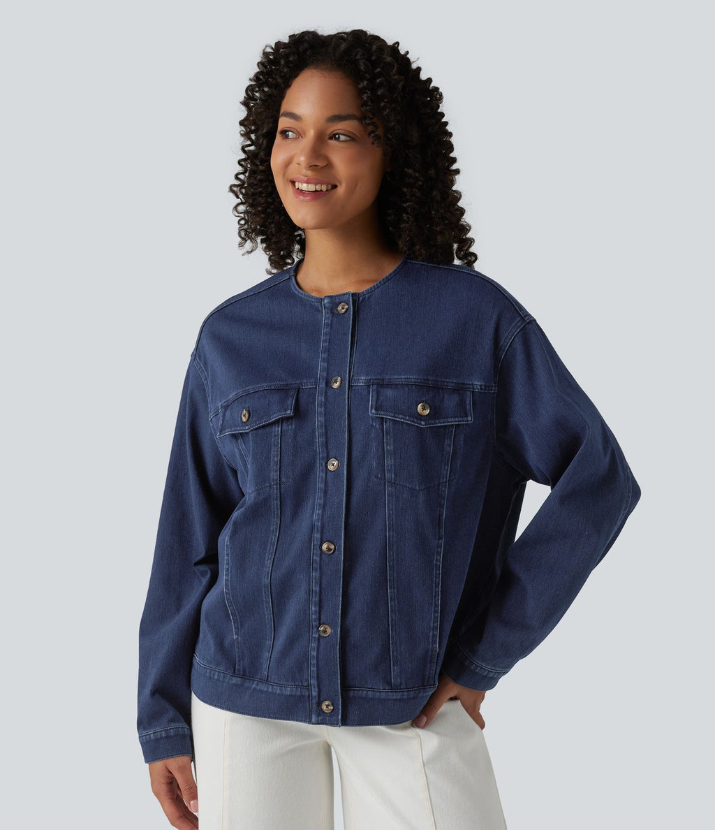 Halara Flex™ Veste décontractée en jean col rond manches longues avec poches