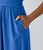 Breezeful™ Robe Mi-Longue Col en V Manches Courtes Poche Latérale Nouée au Dos Séchage Rapide