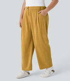Pantalon Casual Grande Taille Velours Côtelé Taille Mi-haute Boutonnés Fermeture Éclair Poches Latérales