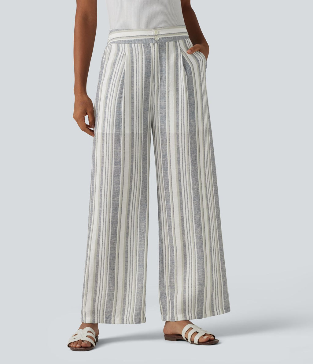 Pantalon casual large rayé taille haute avec poches