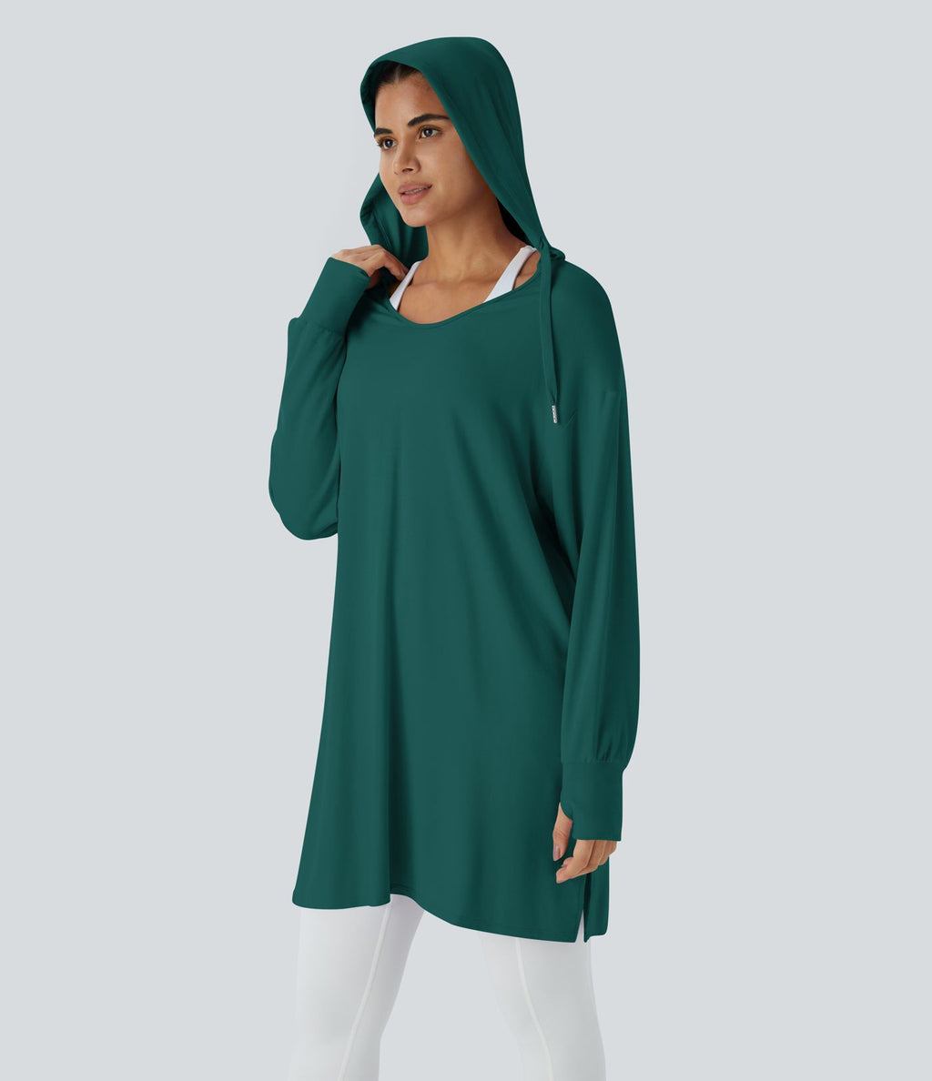 Sweatshirt Casual à Capuche Encolure en V Cordon de Serrage Trou pour le Pouce Fente et Coupe Longue