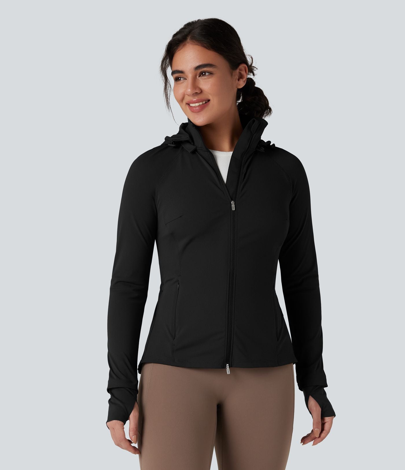 Veste randonnée capuche amovible double zip cordon de serrage avec trous pouces et poches