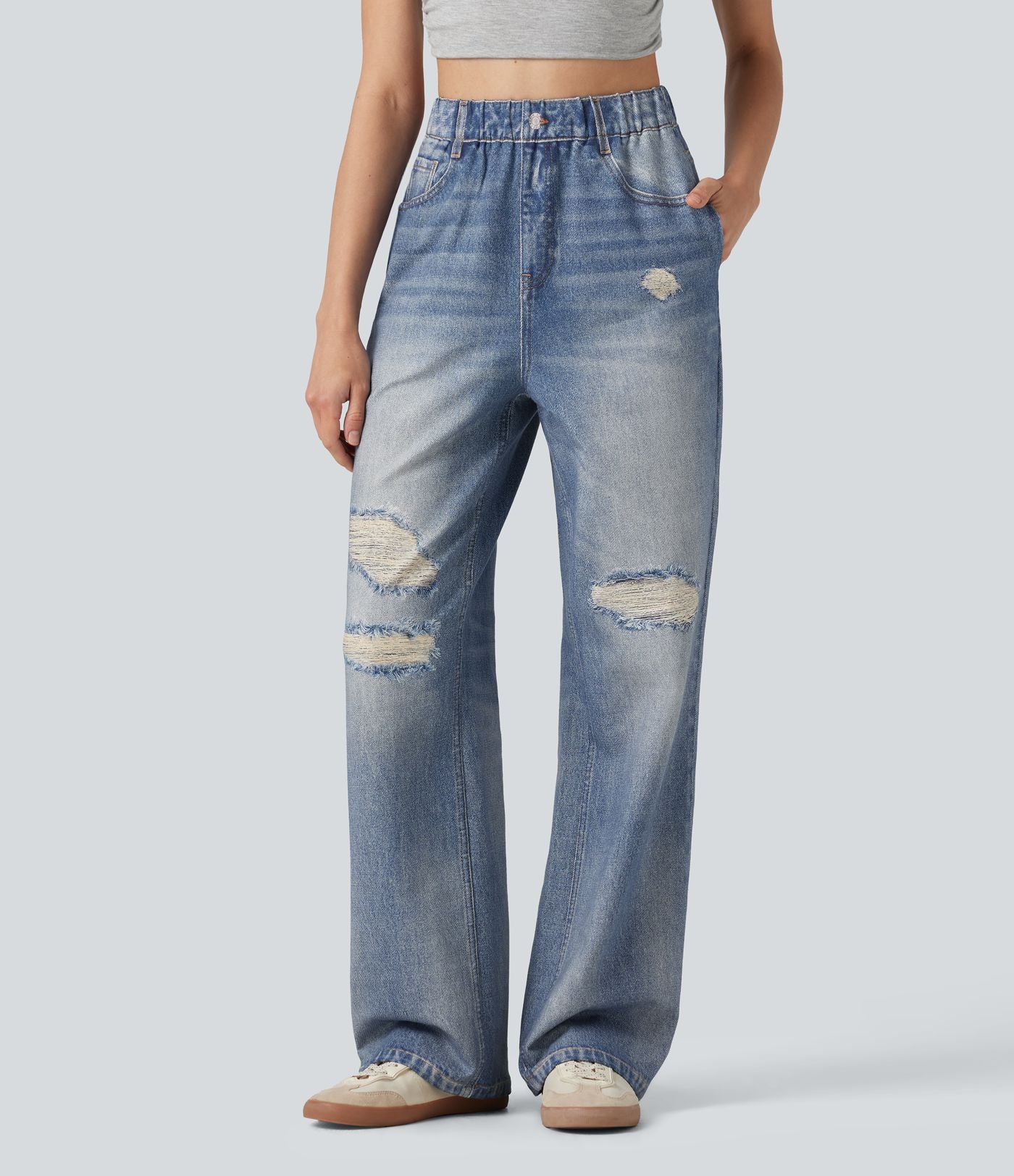 Pantalon de jogging taille haute en molleton French Terry imprimé jean avec poches