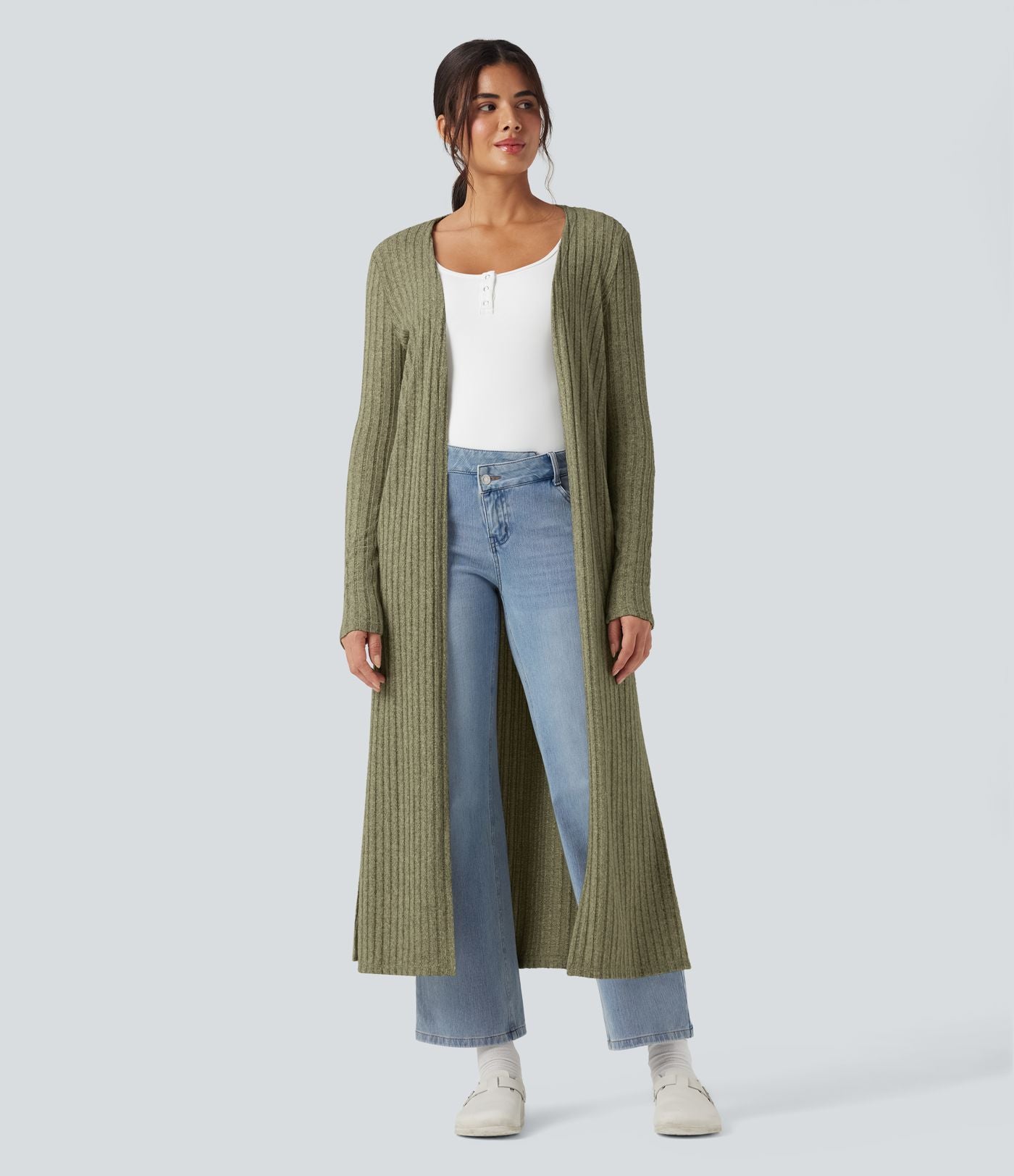 Manteau long décontracté maille côtelée manches longues avec fente
