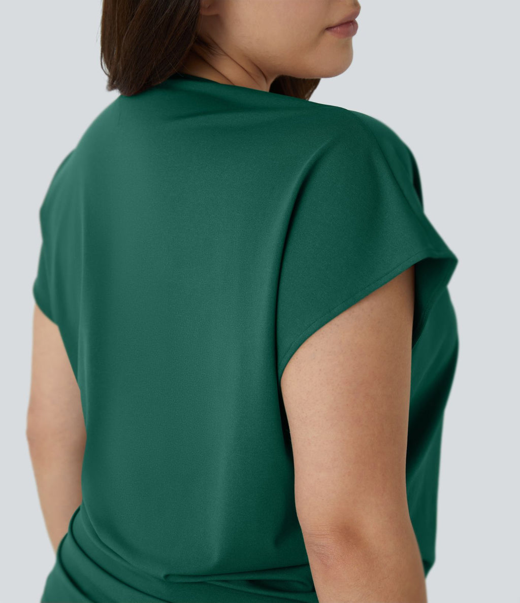 Blouse Travail Unie Froncée Croisée Manches Courtes Col en V Grande Taille