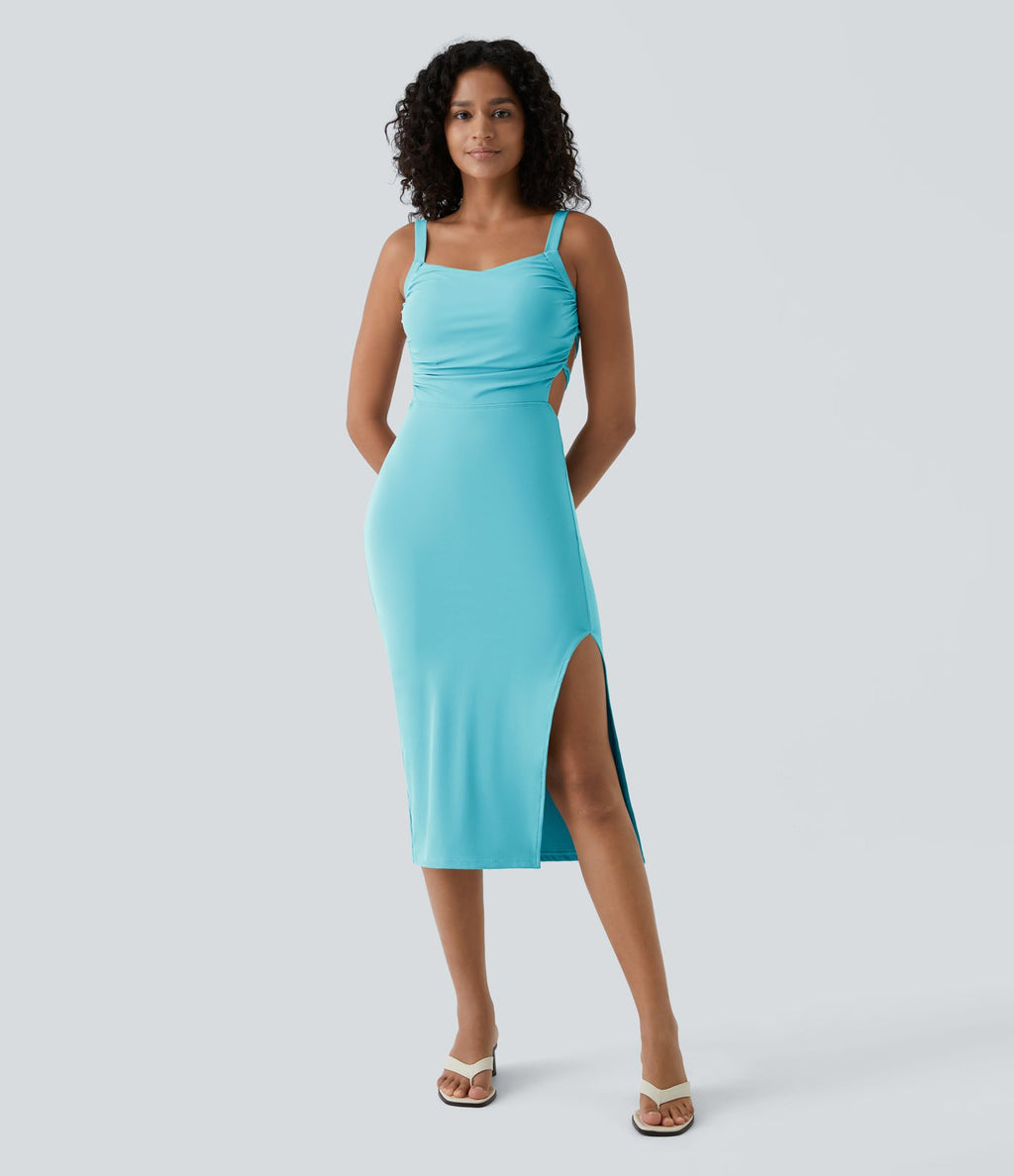 Robe midi laquée fendue, brassière intégrée, dos nu croisé