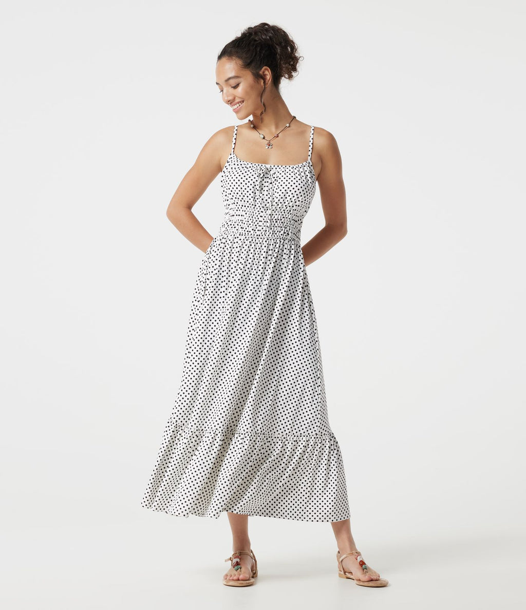Robe nuisette midi fluide à pois avec lien à nouer à l’avant
