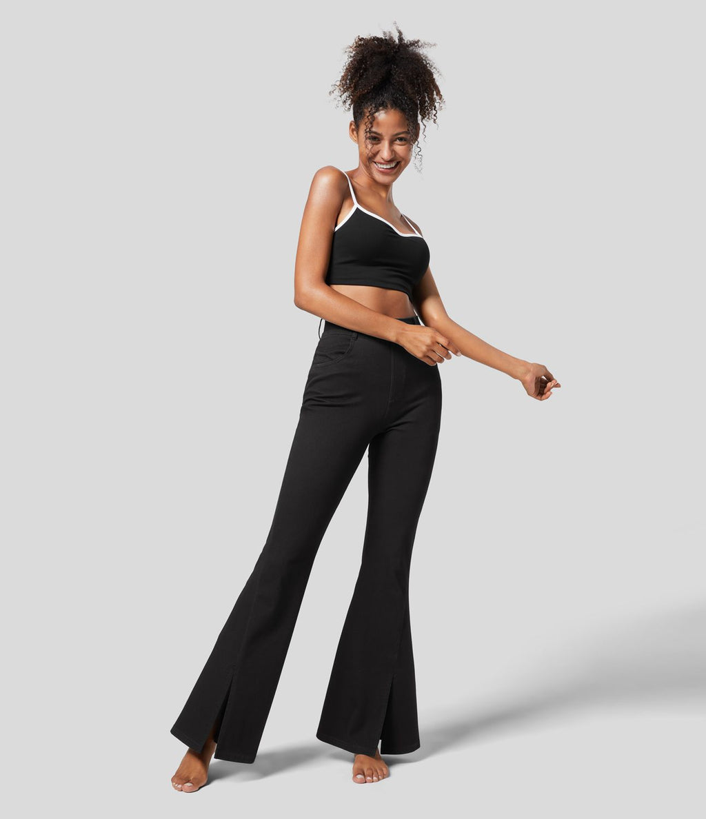 Halara Flex™ Jean Évasé Causal Tricot Extensible Taille Haute avec Poches Latérales Ourlet Fendu