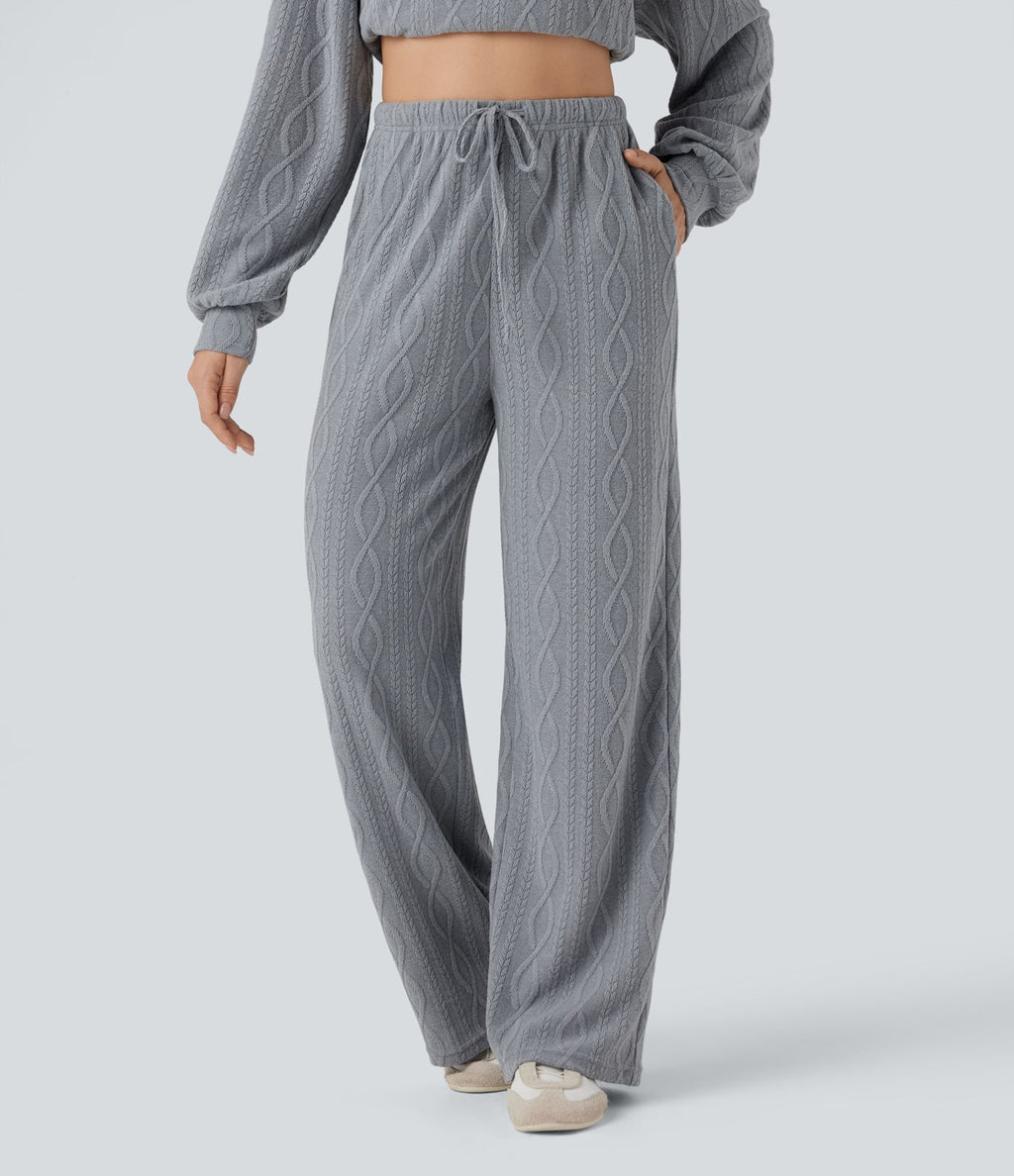 Pantalon décontracté taille haute maille torsadée avec cordon de serrage et poches
