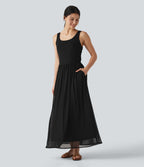 Robe maxi fluide sans manches à encolure U, superposition en mesh, poches et coussinets amovibles