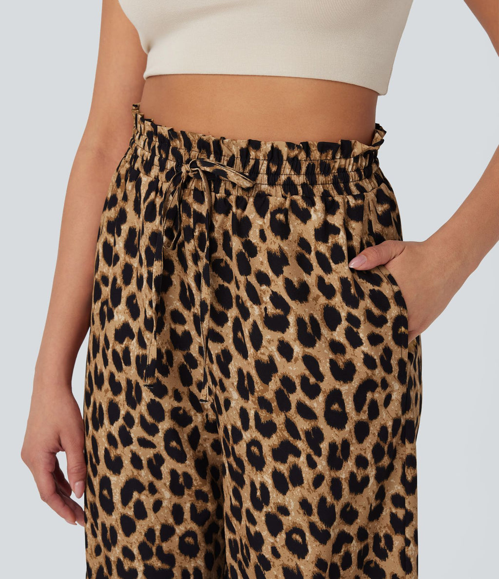 Pantalon large et fluide à imprimé léopard, taille haute avec cordon de serrage et poches latérales