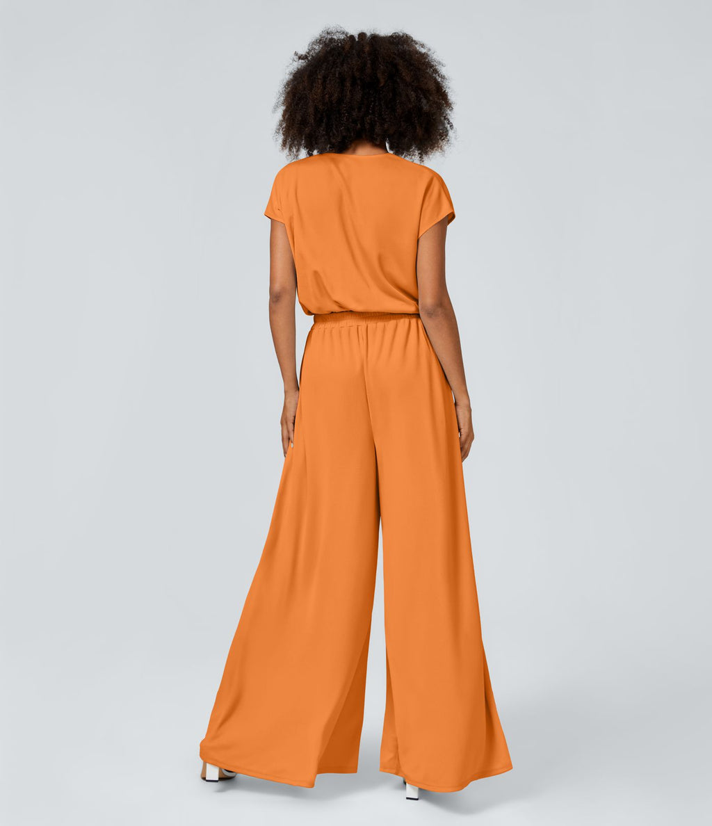 Combinaison Casual Col en V Jambes Large Plissée Manches Courtes Poche Latérale Gaufrée Fluide
