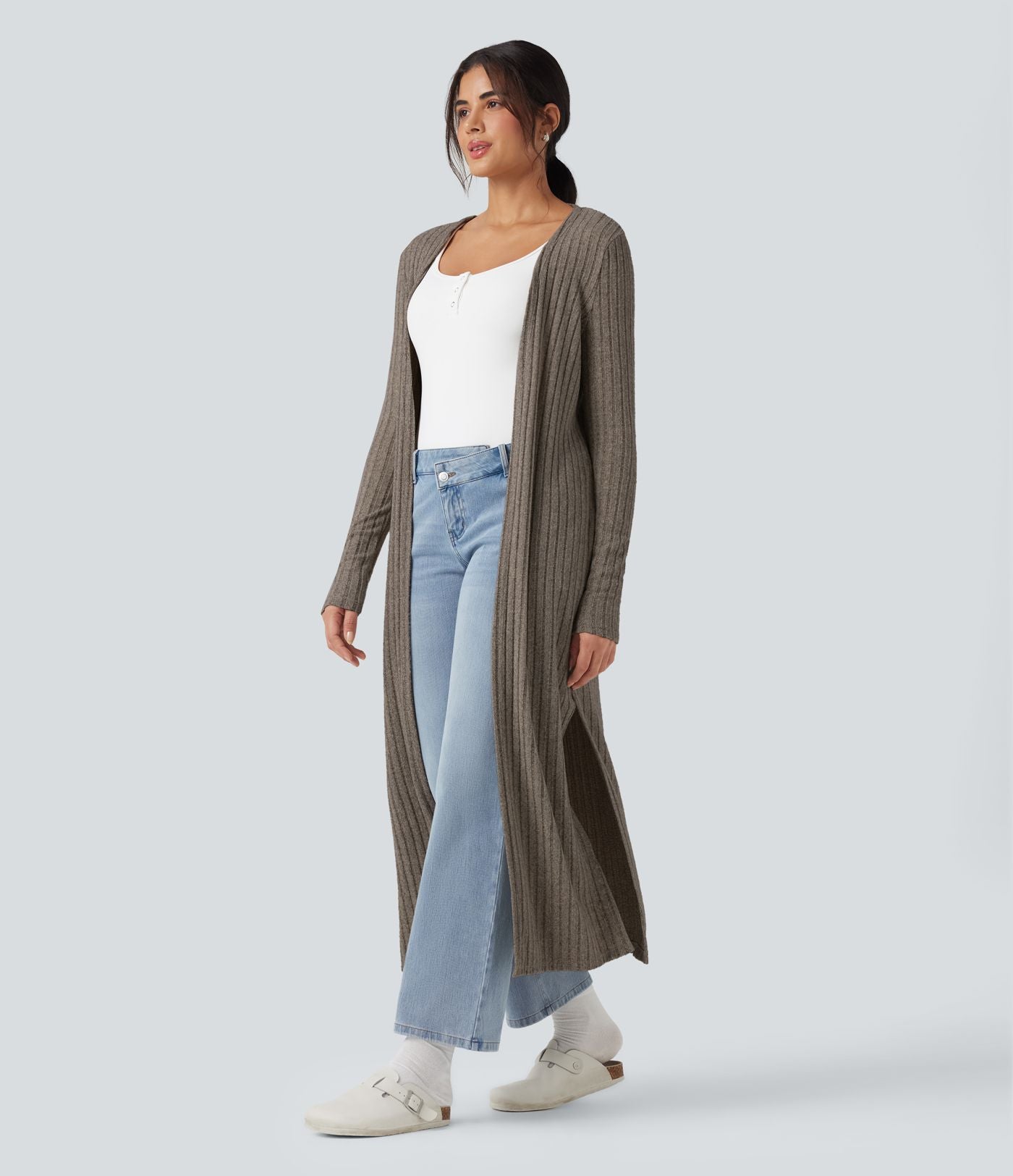 Manteau long décontracté maille côtelée manches longues avec fente