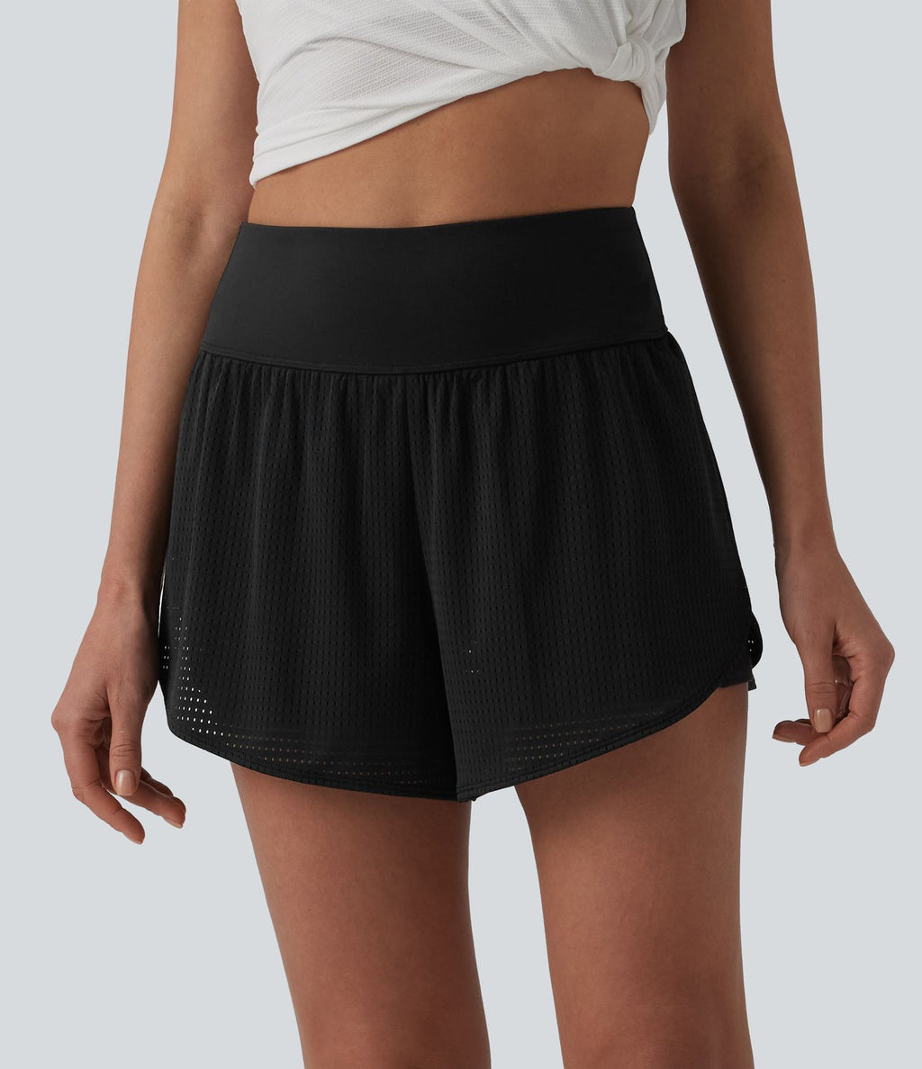 Short yoga 2-en-1 gainant taille haute à pois réfléchissants, ourlet arrondi croisé et œillets avec poches