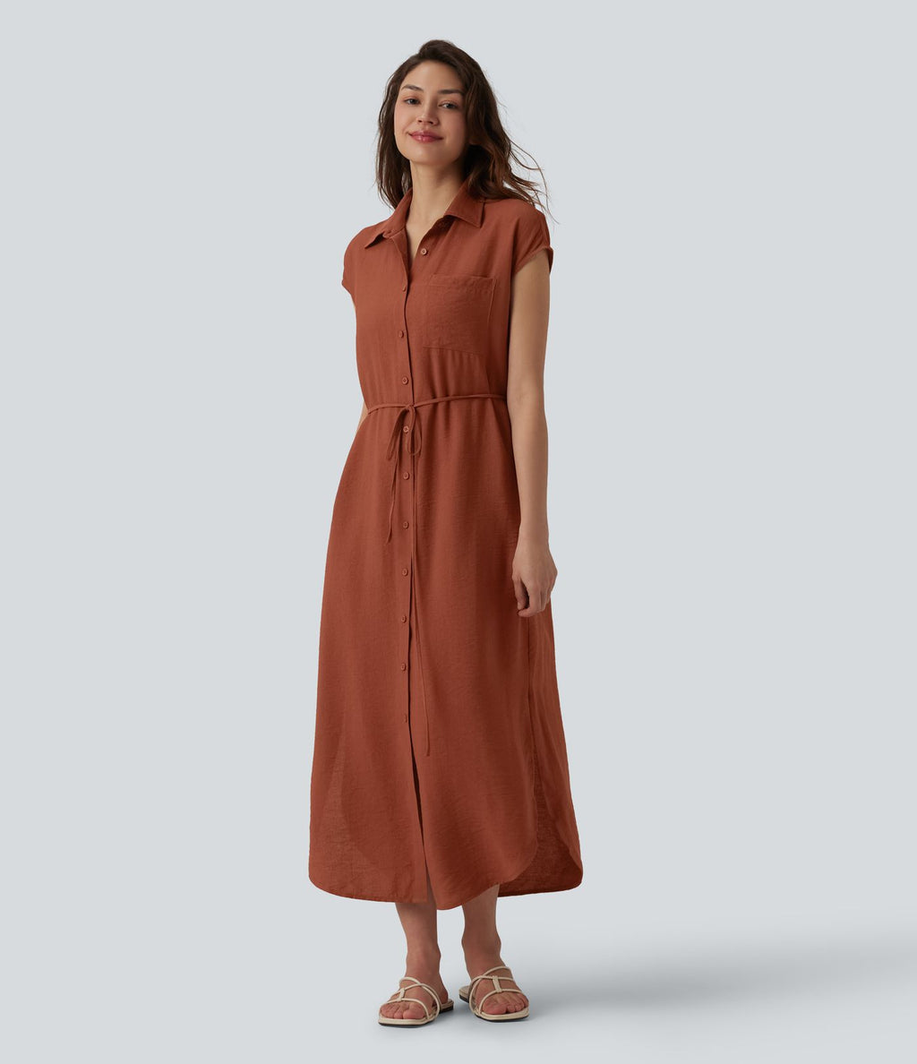 Robe chemise casual mi-longue col manches courtes ceinturée ourlet arrondi avec fente et poches