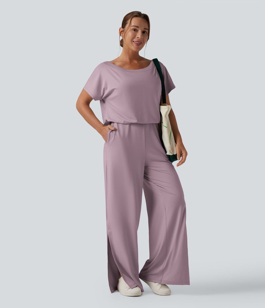 Combinaison casual asymétrique manches courtes avec poches et fente - Easy Peasy