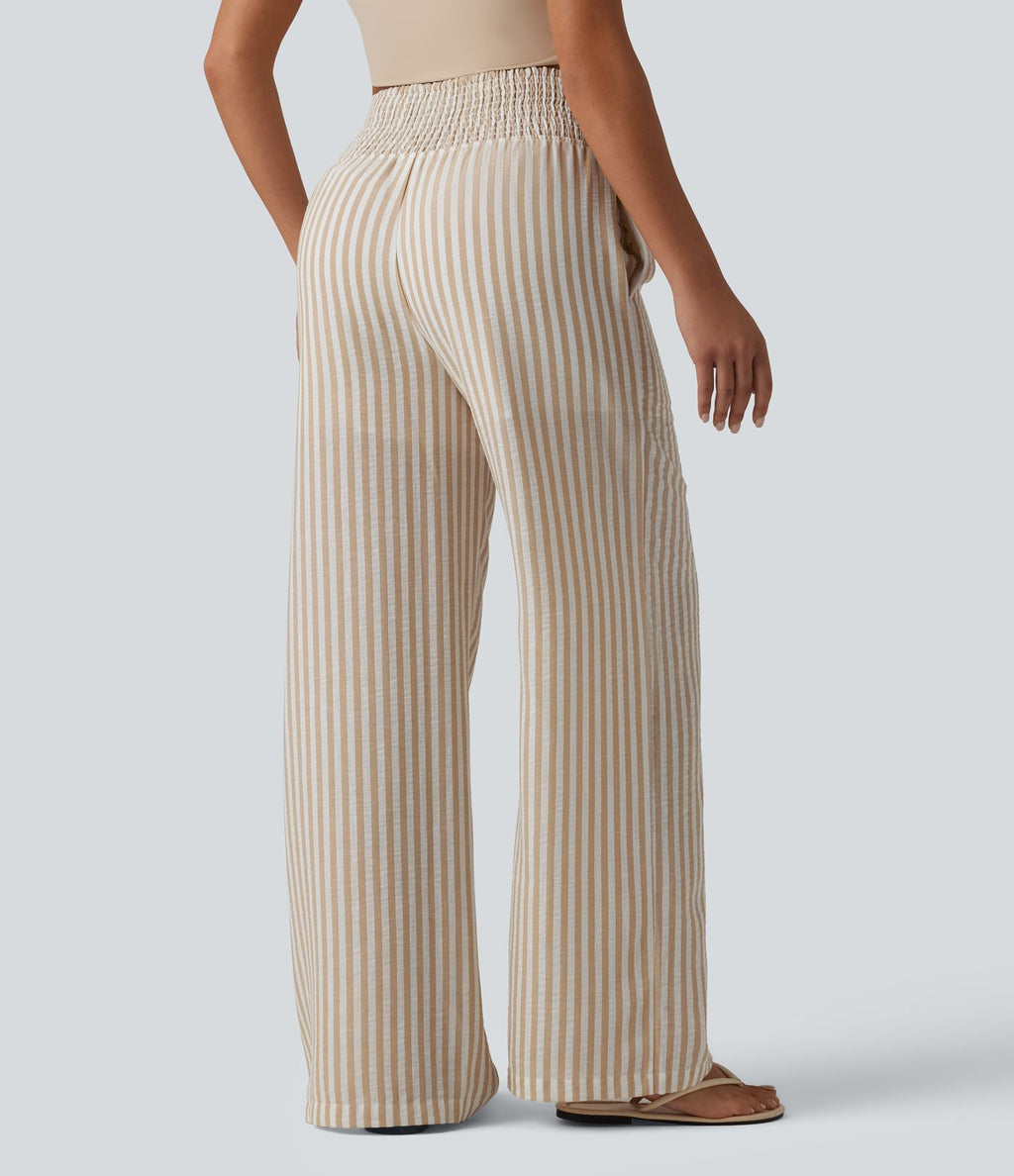 Pantalon coupe droite décontracté 2 en 1 taille haute froncé à rayures aspect lin avec poches