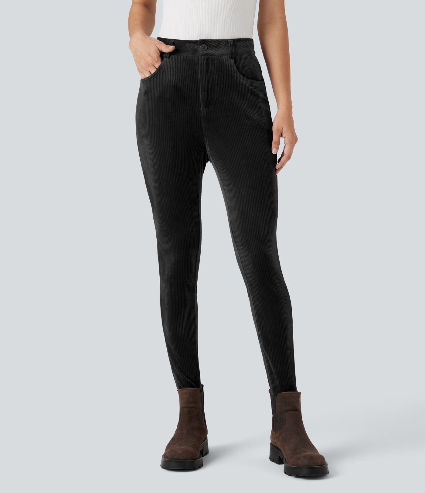 Pantalon velours côtelé taille haute avec poches