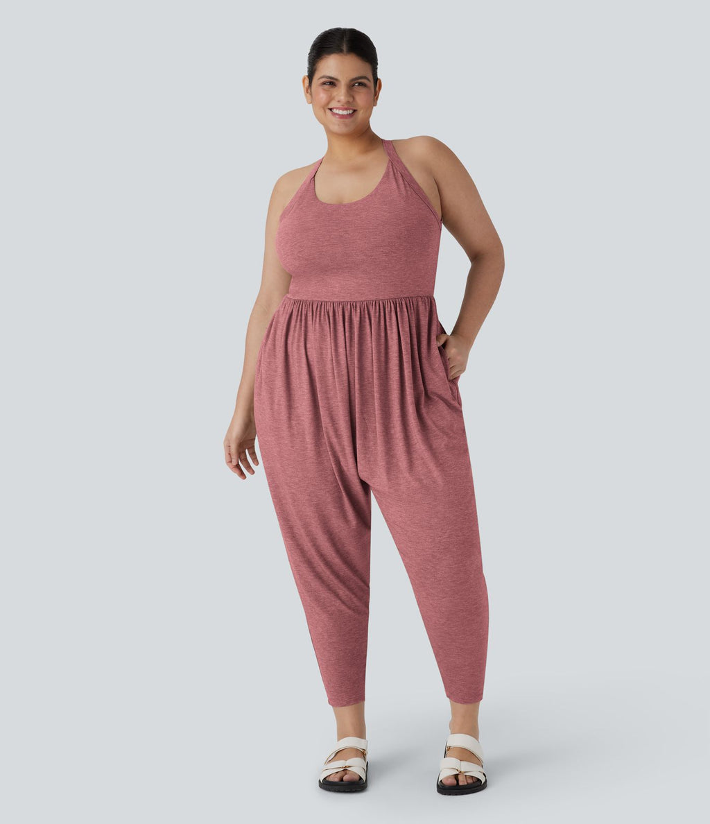 Combinaison sarouel dos nu torsadée grande taille avec poche latérale - Édition facile à enfiler