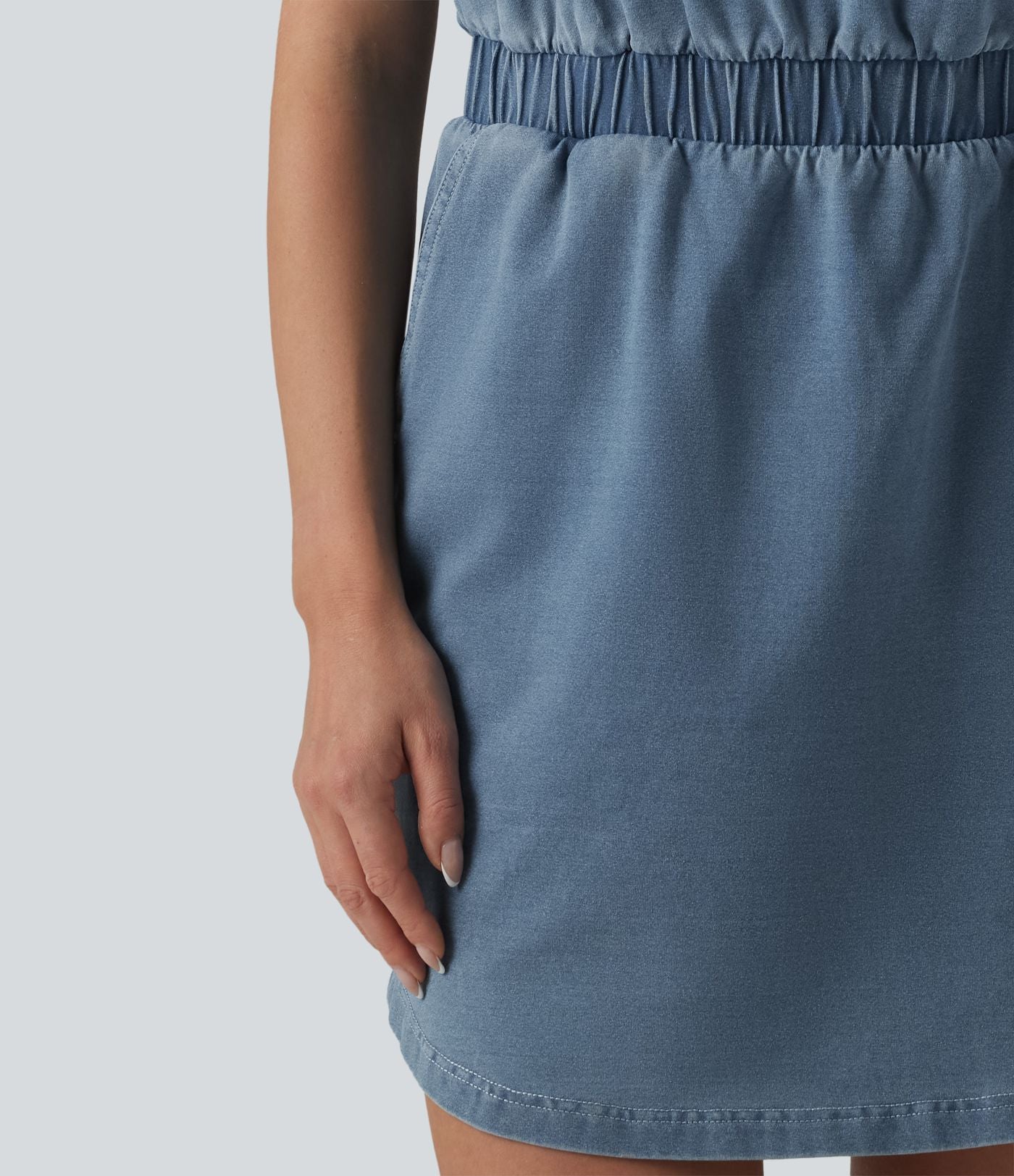 Robe mini casual en denim Halara Flex™ col rond sans manches ourlet arrondi avec poches