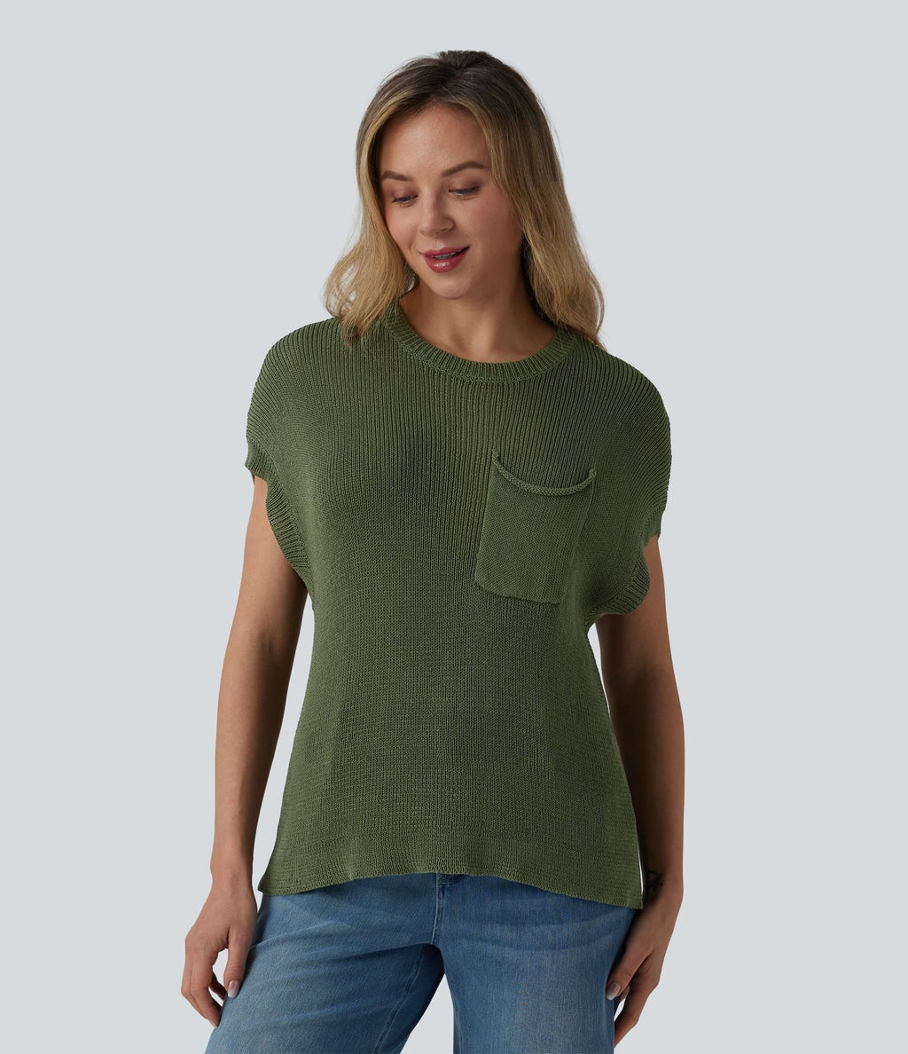 Pull décontracté col rond manches chauve-souris avec poche