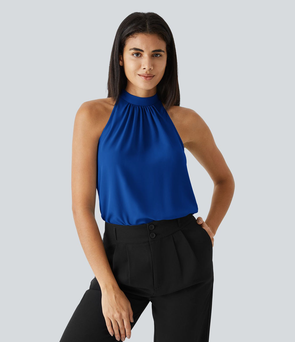 Blouse Travail Sans Manches Ourlet Courbé Col Haut Découpe au Dos Plis