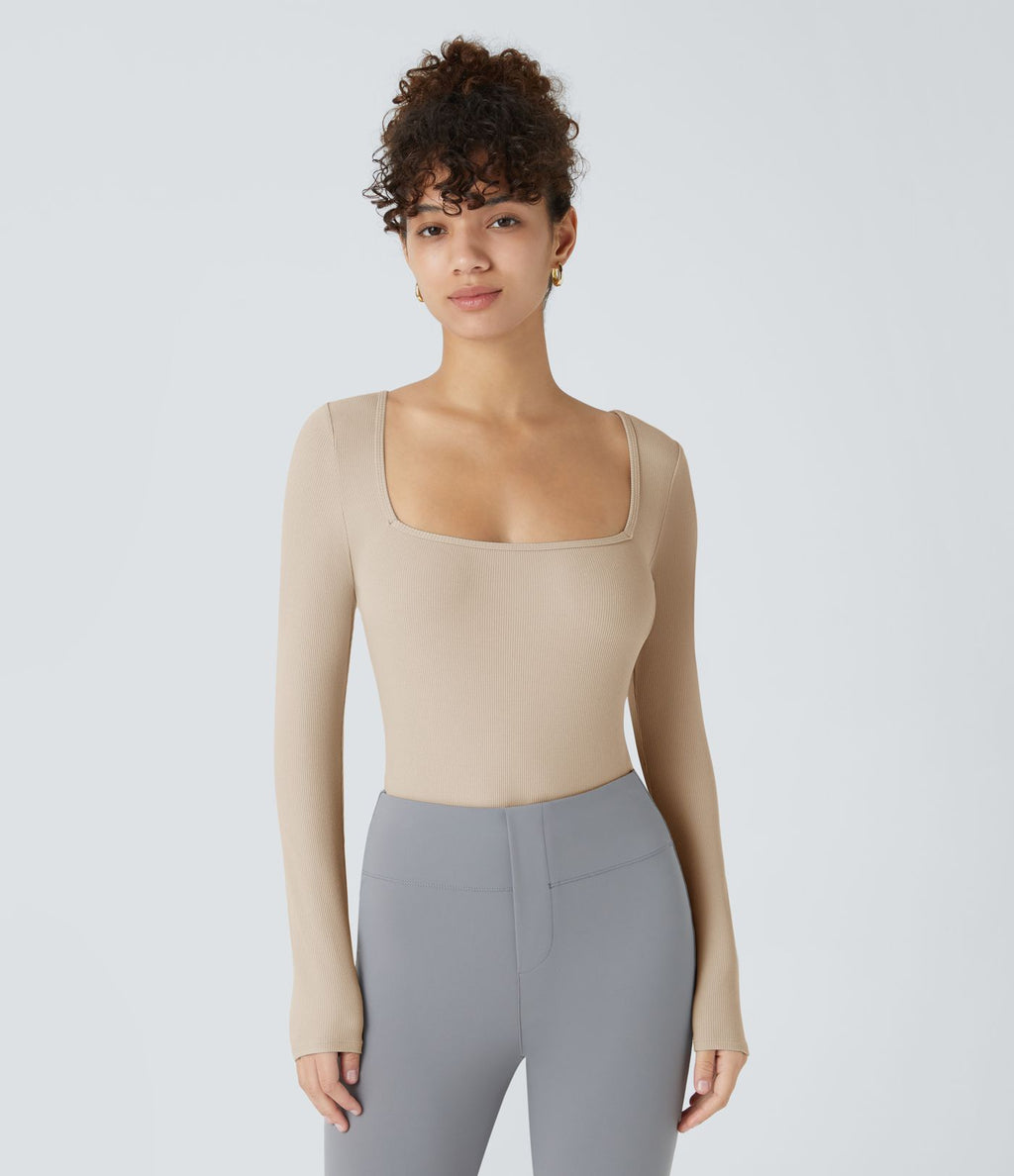 Bodysuit de Travail Tricot Côtelé Col Carré Manches Longues Boutonné Silhouette Élancée