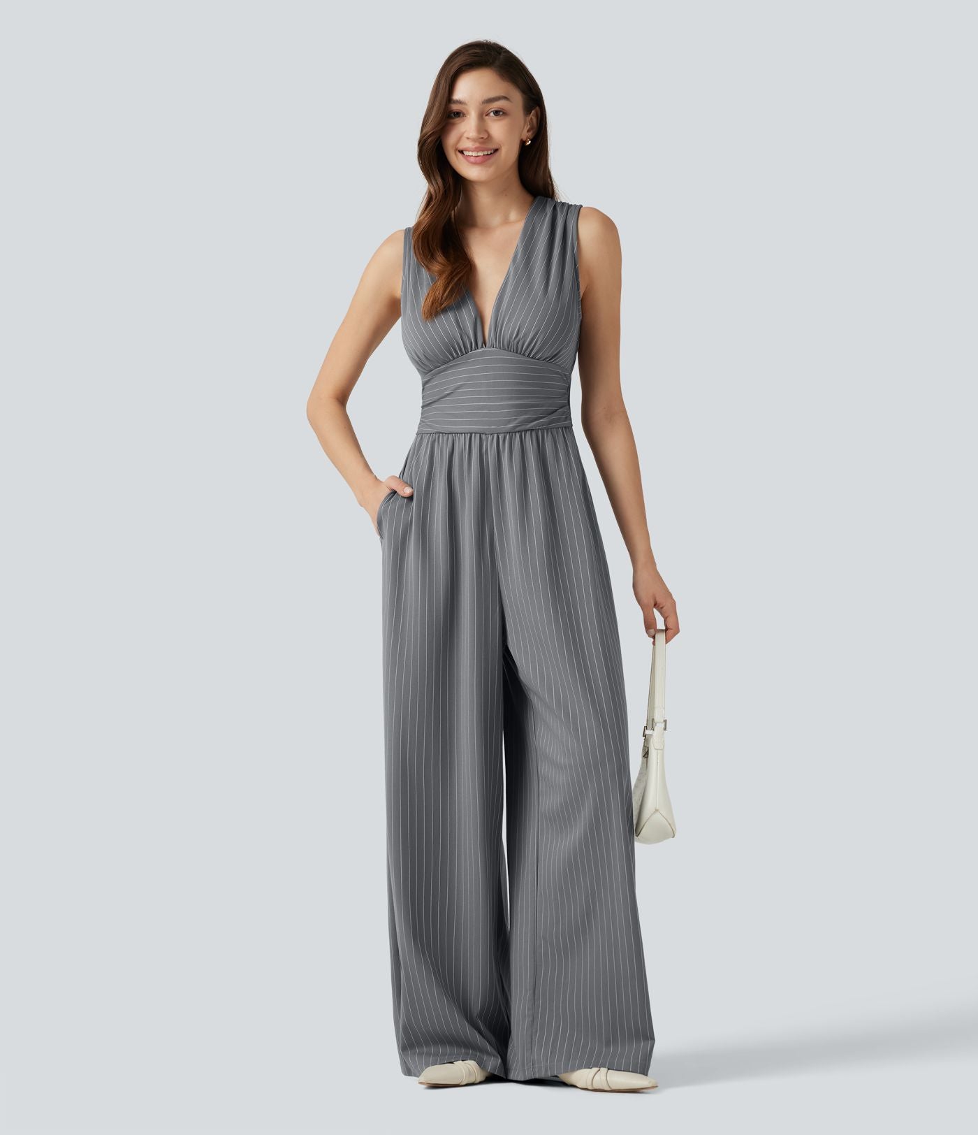 Combinaison tailleur col V sans manches à rayures et fronces avec poches - Easy Peasy