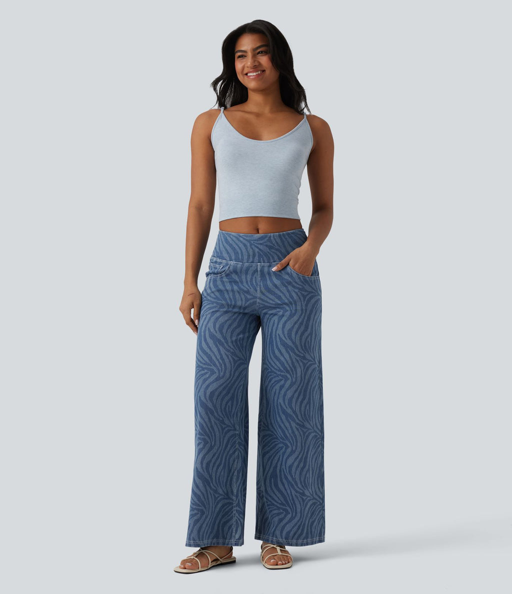 Jean Halara Flex™ jambe large décontracté taille mi-haute effet ventre plat, motif zèbre, avec poches