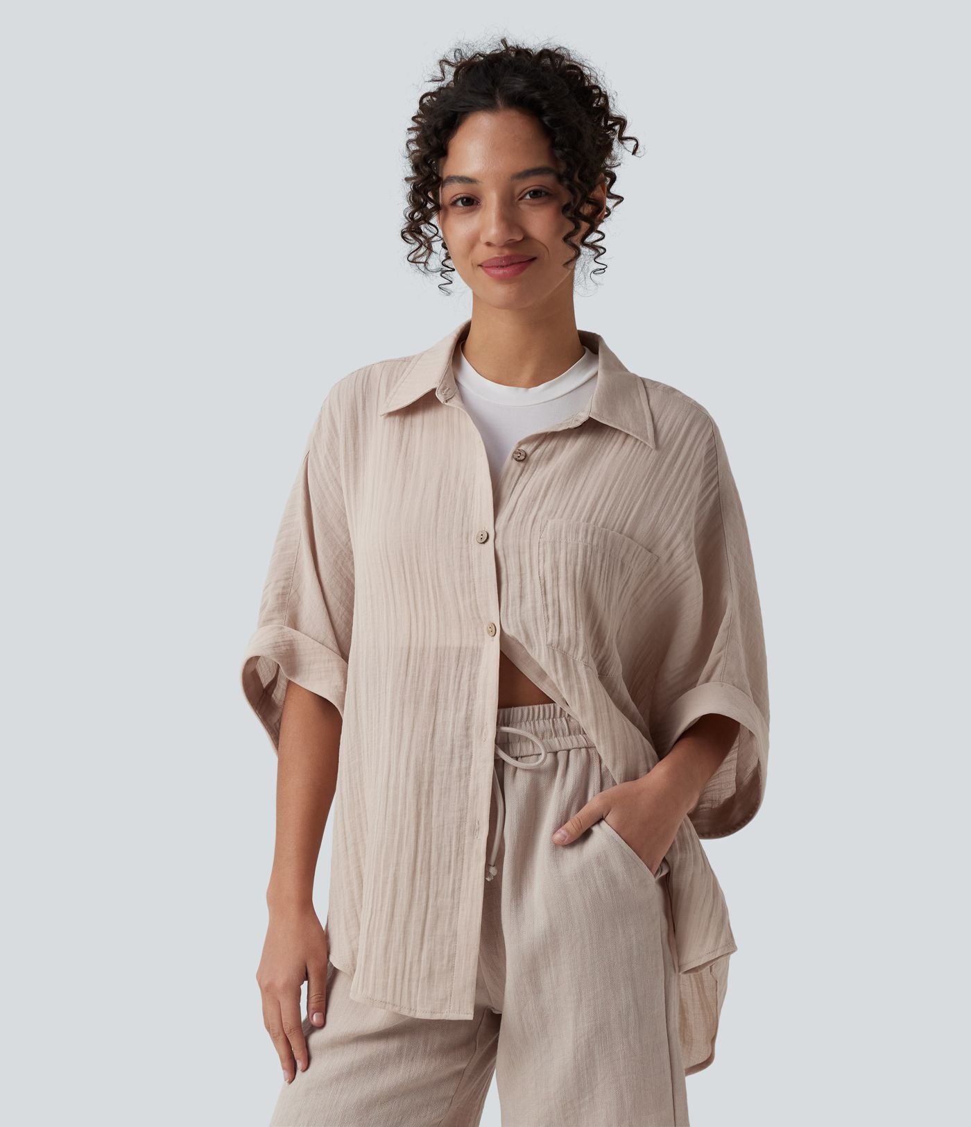 Chemise décontractée effet lin à manches mi-longues avec poche