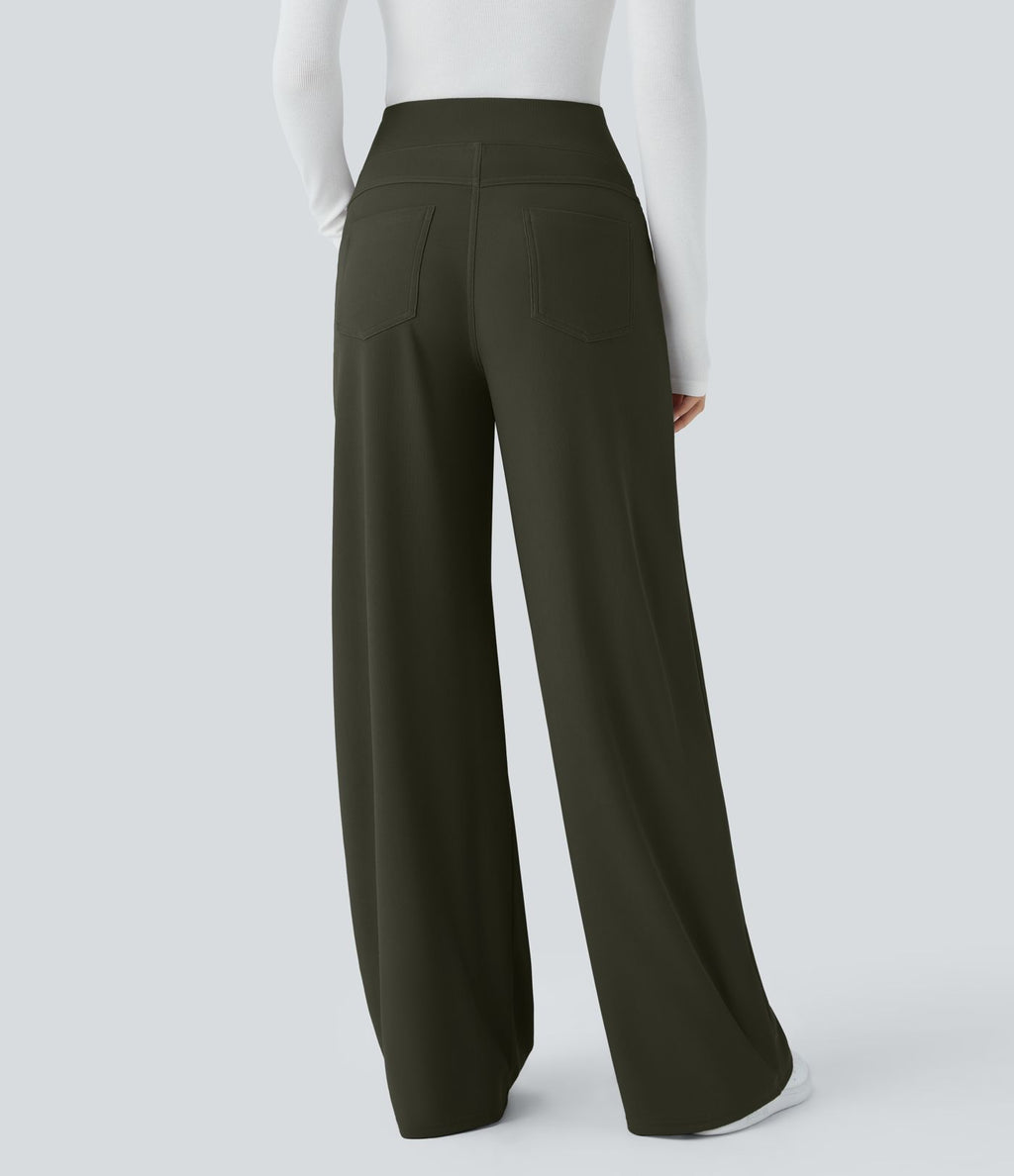 Pantalon tailleur large gainant taille haute en micro-gaufré avec poches Halara Flex™