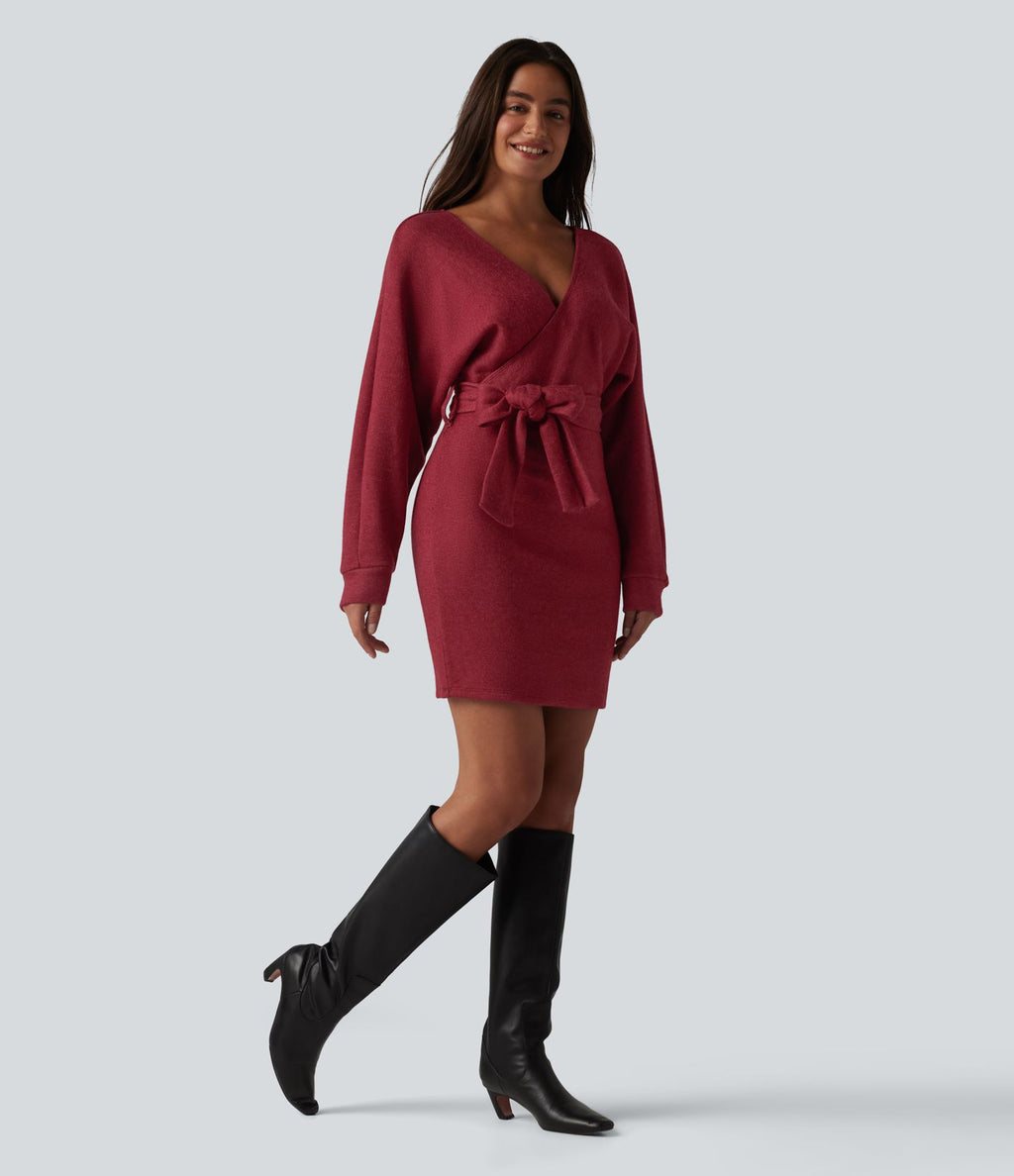 Robe courte décontractée col V croisé manches chauve-souris ceinturée