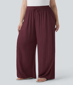 Pantalon décontracté grande taille large fluide taille haute effet lin avec cordon de serrage et poches