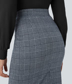 Jupe crayon de travail à taille haute, fente et motif pied-de-poule et carreaux