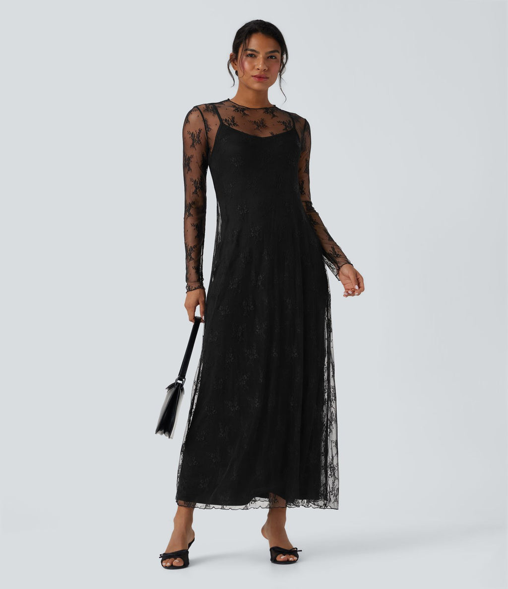 Robe longue décontractée dentelle 2 pièces manches longues