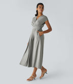 Breezeful™ Robe Mi-Longue Col en V Manches Courtes Poche Latérale Nouée au Dos Séchage Rapide