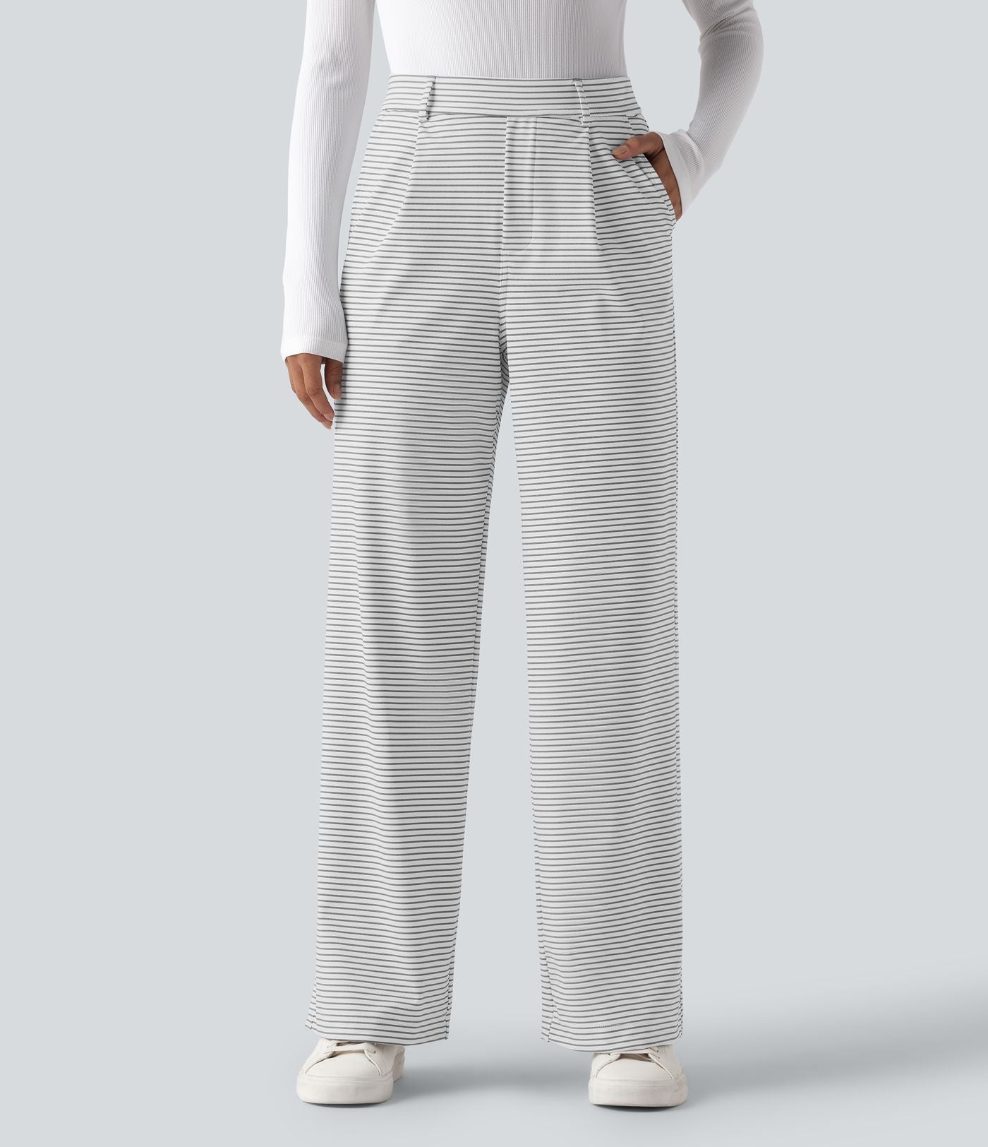 Pantalon de travail droit taille haute à rayures avec poches