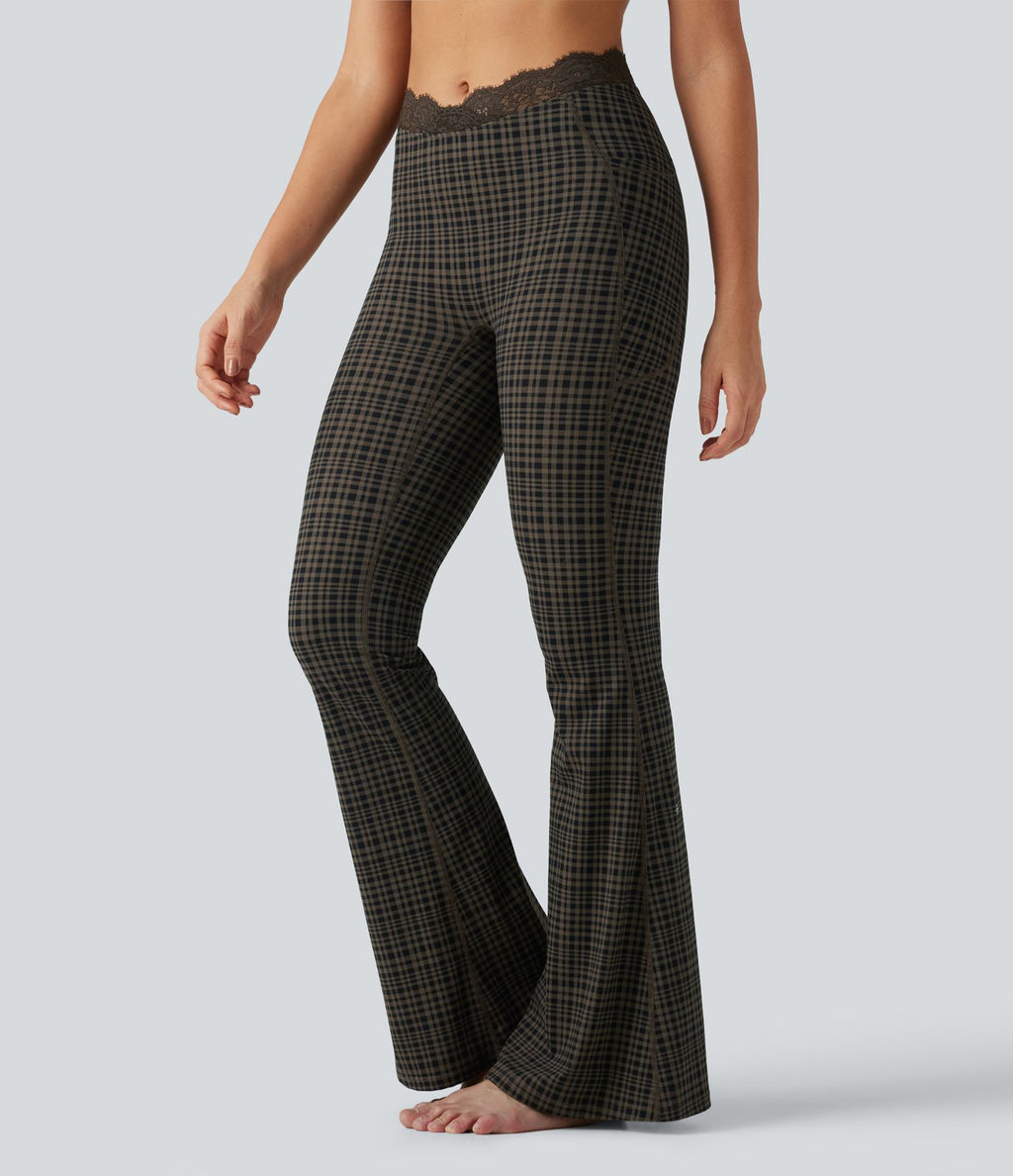 Legging yoga flare Halara UltraSculpt™ taille haute en V à motif tartan avec dentelle contrastée et poches