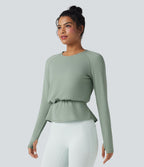 Haut de sport yoga SoftlyZero™ Airy col rond manches longues avec passe-pouces plissé effet frais InstantCool, protection solaire UPF50+