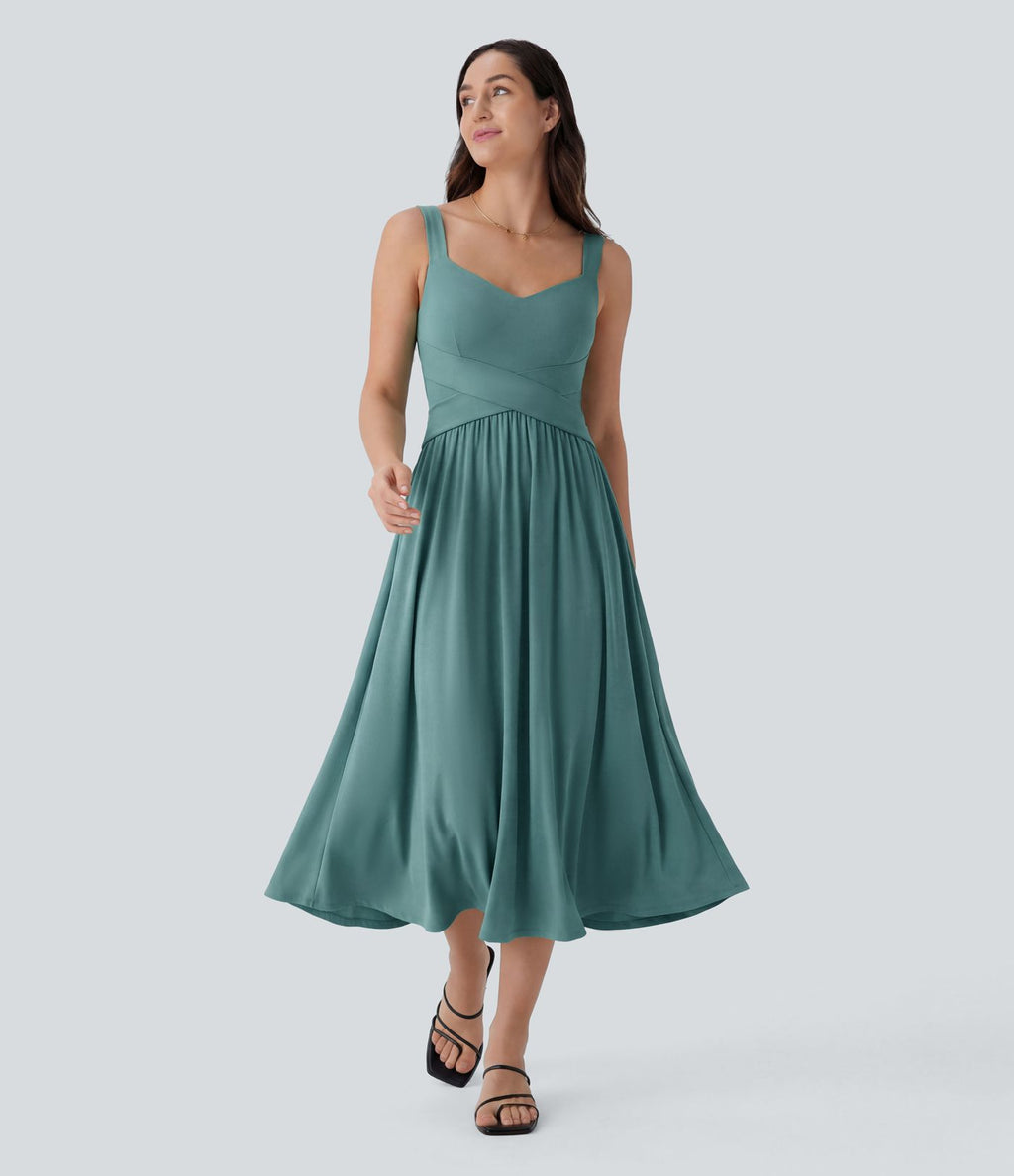 Robe midi fluide sans manches dos croisé ouvert avec poches