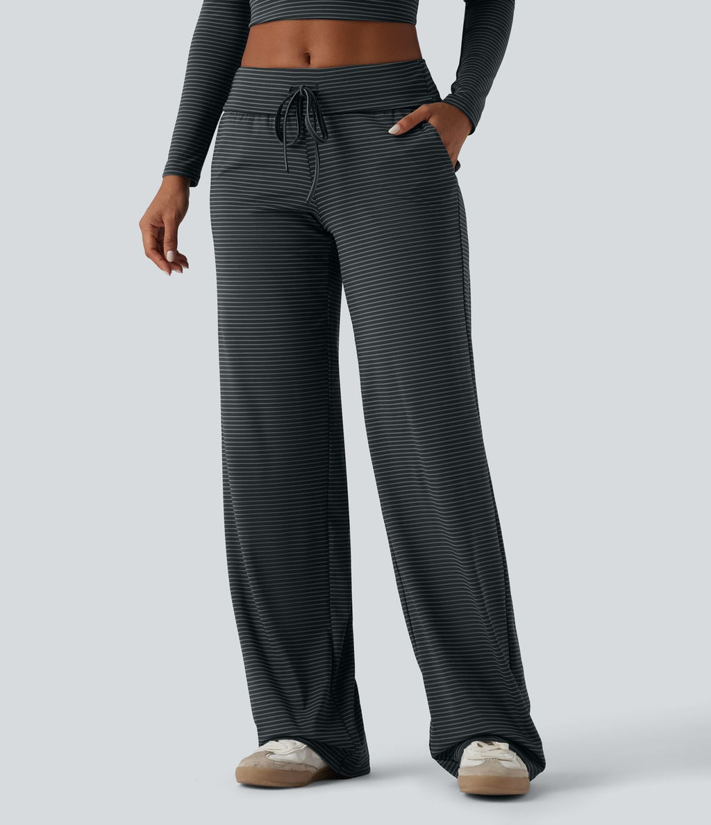 Pantalon décontracté droit à rayures taille basse repliable avec cordon de serrage et poches