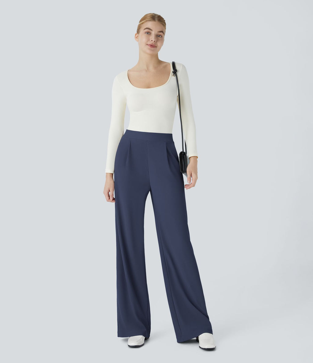 Halara Flex™ Pantalon Tailleur Évasé à Taille Haute Sculptant la Silhouette avec Poches Latérales Micro Waffle