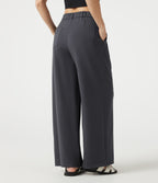 Pantalon casual ample toucher lin taille mi-haute à poches