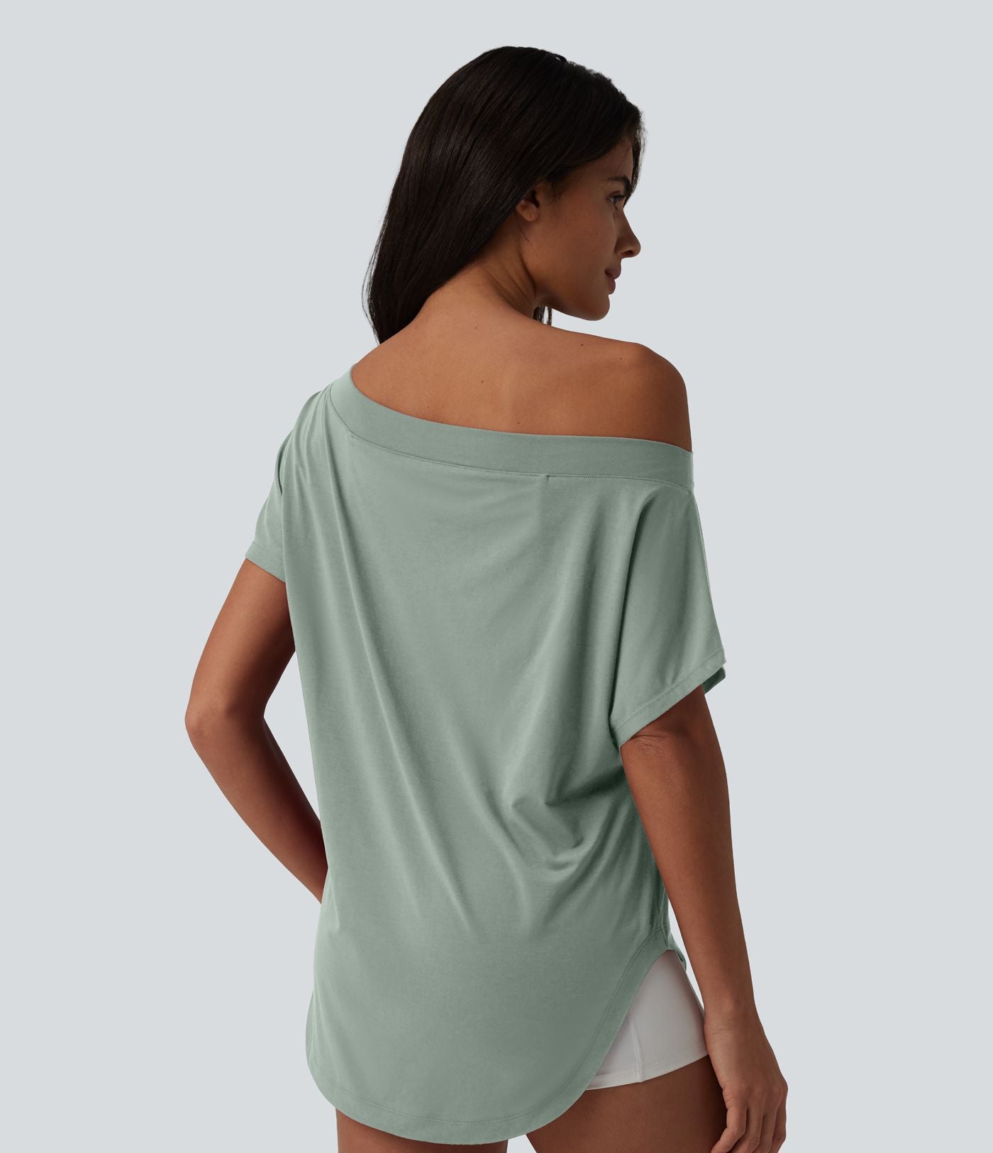 Top de sport yoga asymétrique à épaule dénudée manches courtes ourlet arrondi et coupe asymétrique à séchage rapide – Soutien-gorge intégré