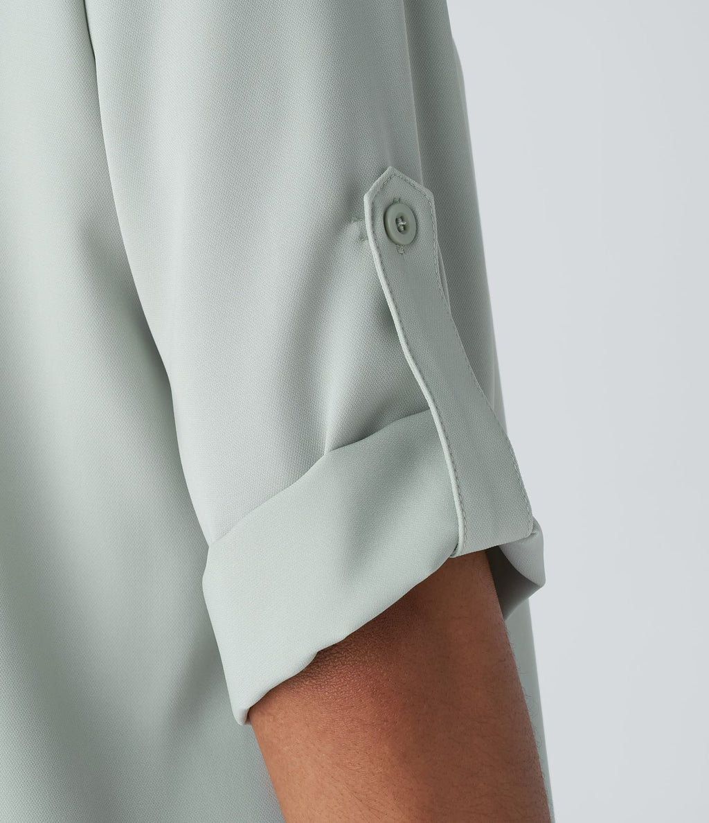 Chemise Travail à Col en V Boutonnée Manches Trois Quarts et Ourlet Courbé