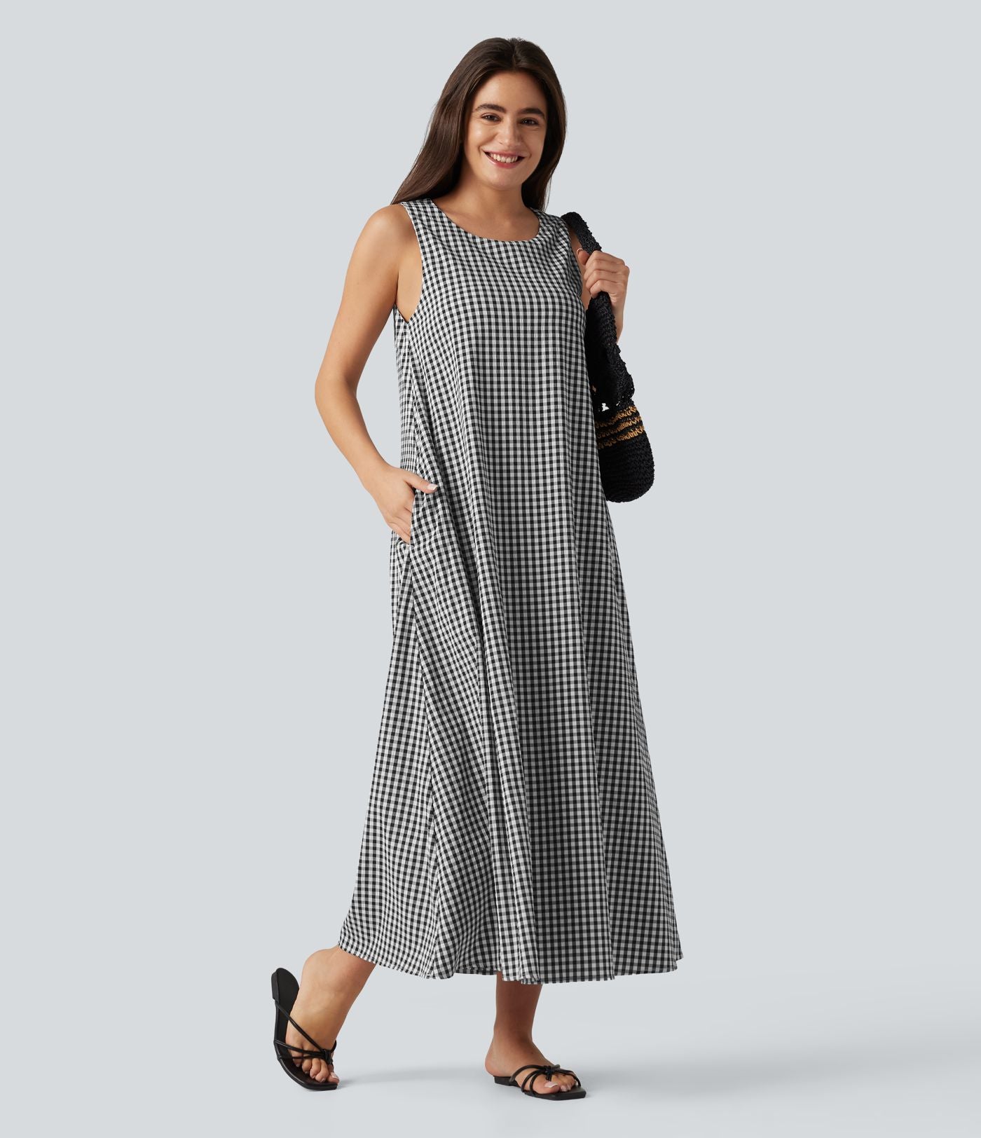 Robe débardeur midi décontractée à col rond sans manches avec soutien-gorge intégré en tissu froissé vichy avec poches
